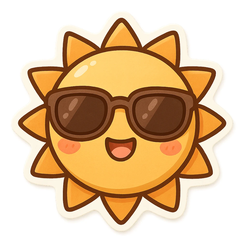 smiling sun with sunglasses, chibi sticker style sticker