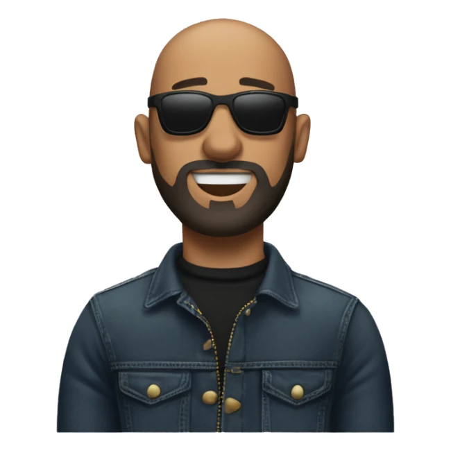 A bald man with sunglasses and a black turtleneck and jeans . light medium beard saying jackpot sticker