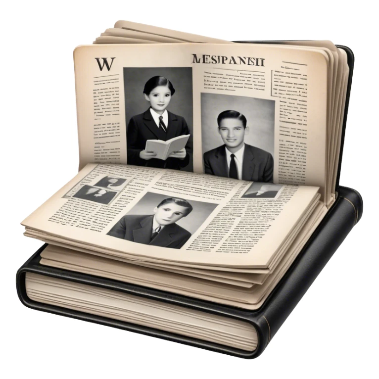 Icon for Non-Fiction & Narrative Reading: an open book with black-and-white photos on the pages, surrounded by a pile of newspaper clippings, and an open folder with top-secret documents. The icon should reflect the blend of real stories and facts in non-fiction literature. Transparent background. sticker
