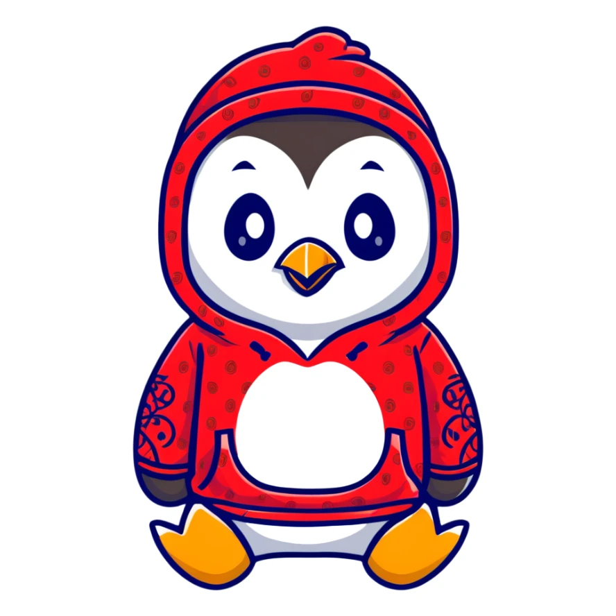 penguin wearing a red paisley pattern hoodie sticker