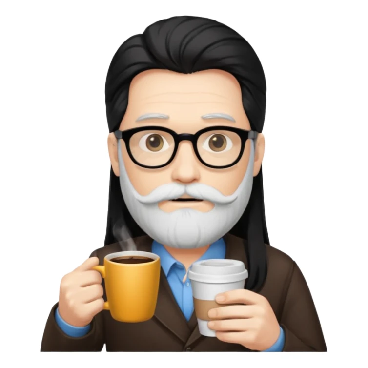 men with white bearded long black hair  with opticals  on holding coffee cup sticker