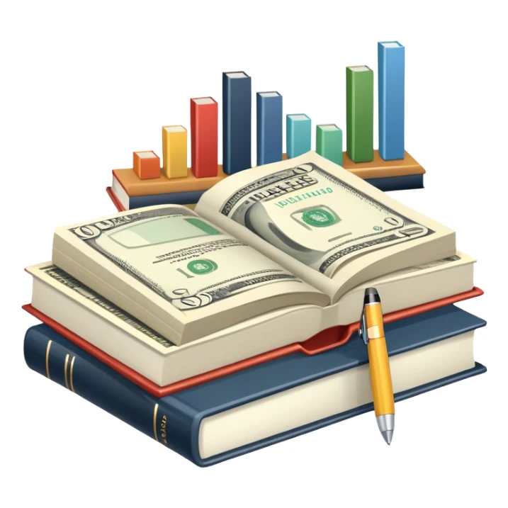Icon for Business Reading: an open book with graphs, numbers, percentages, formulas, and text on the pages, next to a stack of books, a pile of dollars, a calculator, a pen, and business magazines like Forbes. Transparent background. sticker