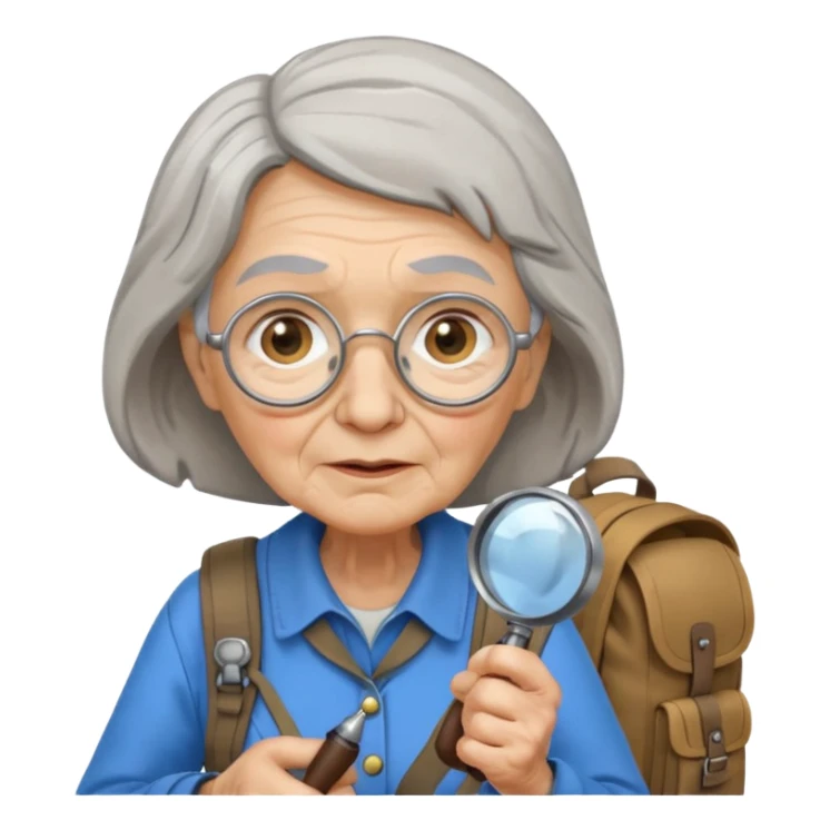 Explorer old woman with backpack and magnifying glass sticker