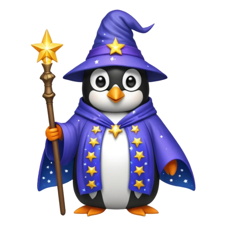 penguin wizard with a starry robe and glowing eyes sticker