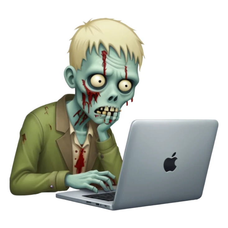 A tired sad zombie behind a laptop sticker
