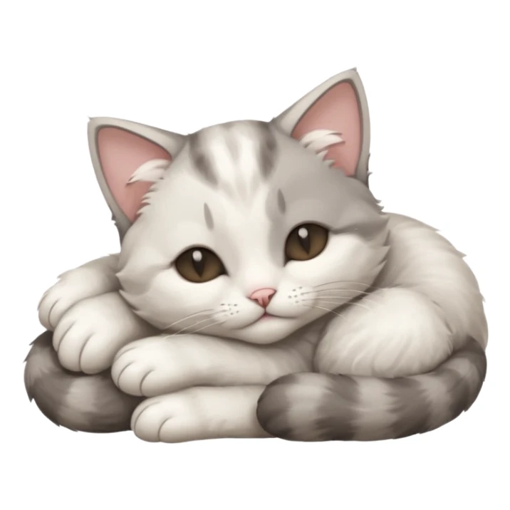 grey and white small cat with its eyes closed lying down with its paw curled and holding up his head sticker