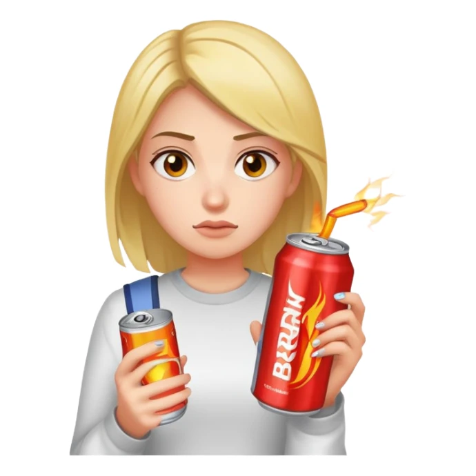 female student holding Burn energy drink can, tired face sticker