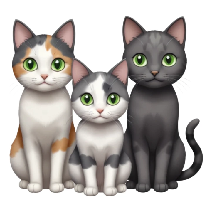 3 different coloured small cats including a dark grey and white, and a patchy calico and a completely solid dark grey with green eyes and only white paws sticker