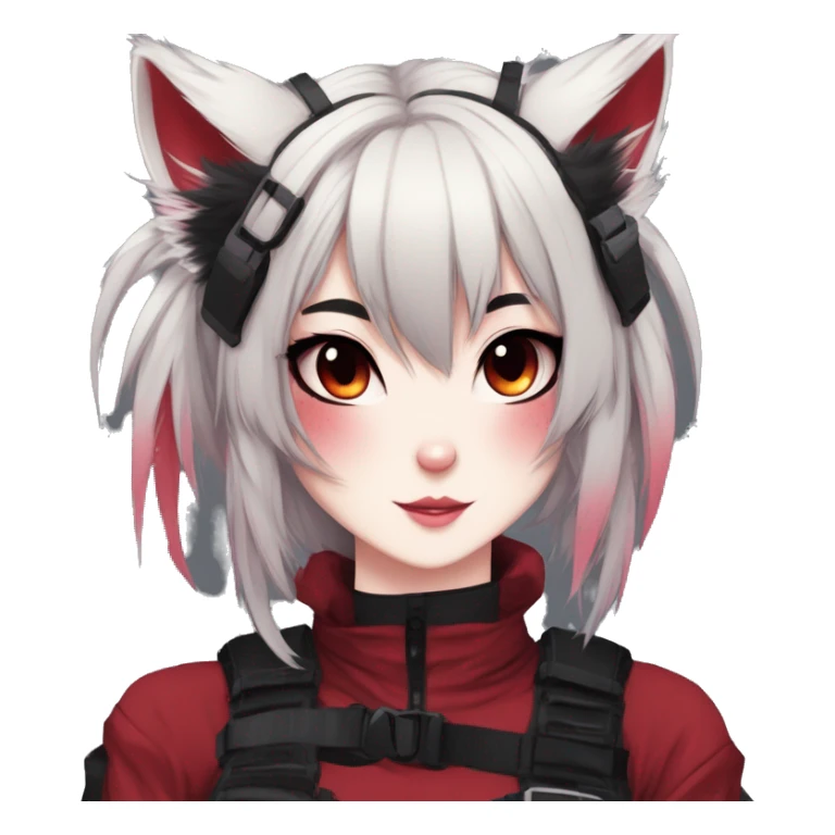 Gorgeous gothic dark techwear anime style anthro cat furry sona with blushing face aesthetic and pretty edgy black red punk messy ponytail hair with collar and harness trending style sticker