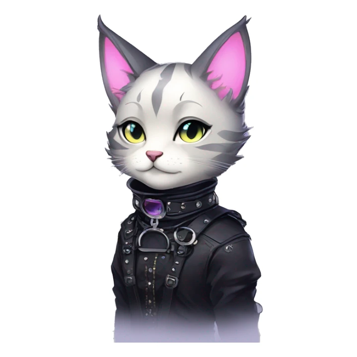 Gorgeous sparkly epic magical gradient gothic dark techwear anime style anthro cat with blushing face aesthetic and pretty edgy black with collar and harness trending style sticker