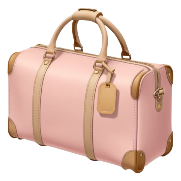 Pastel pink luggage tag attached to a beige leather duffle bag, soft shadows sticker