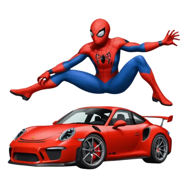 Die-cut sticker of Spider-Man sitting on a Porsche 911 GT3 RS, bold vector art, thick white border, isolated on green hilly background. sticker