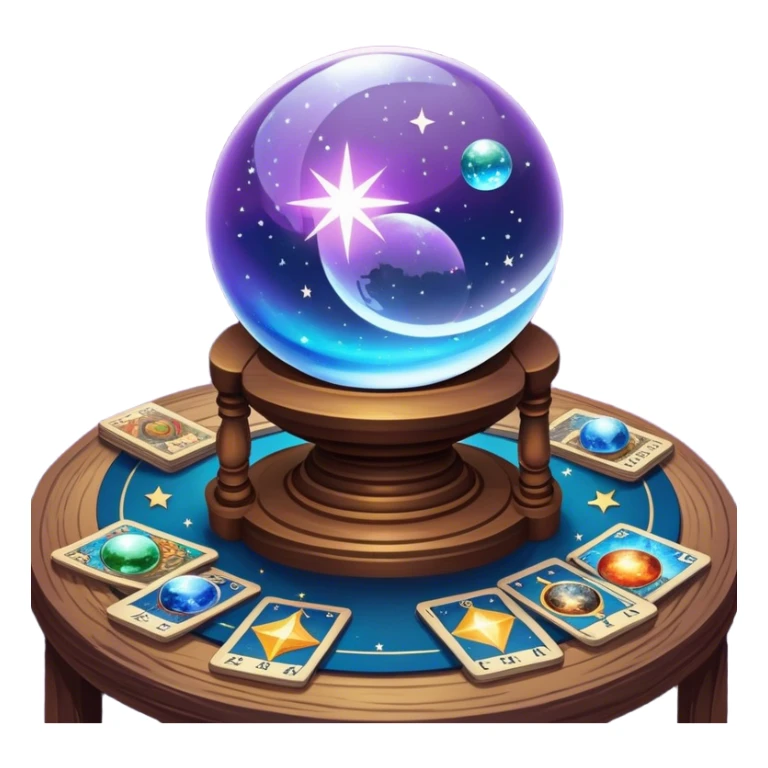 a mystical icon featuring a crystal ball (fortune-telling sphere) on a table with tarot cards scattered around. Surround the scene with planets, stars, and zodiac signs. The design is vibrant, magical, and evoke a sense of mystery and spirituality, with glowing effects and a cosmic atmosphere. sticker