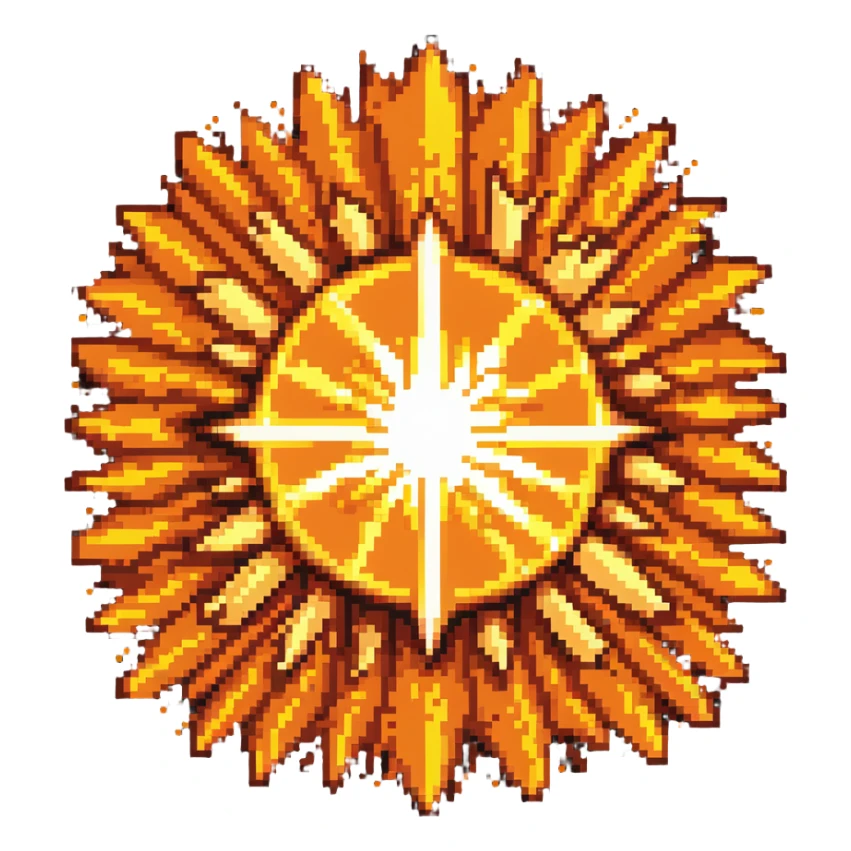 Bomberman explosion center tile, bright fiery explosion core with yellows and oranges radiating from center, 90% of tile with subtle glow effect, clean pixel art edges, slight transparency at edges sticker