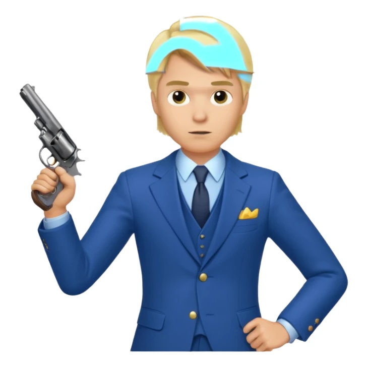 A blond man in a blue suit with a Colt pointing forward. sticker