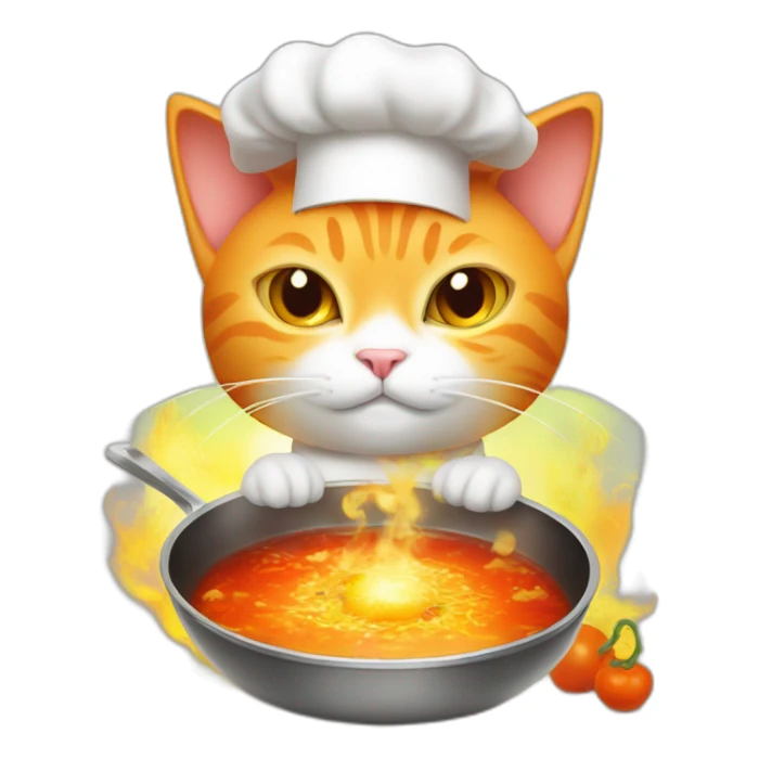 orange and white cat wearing chef hat cooking glowing radioactive chili soup sticker