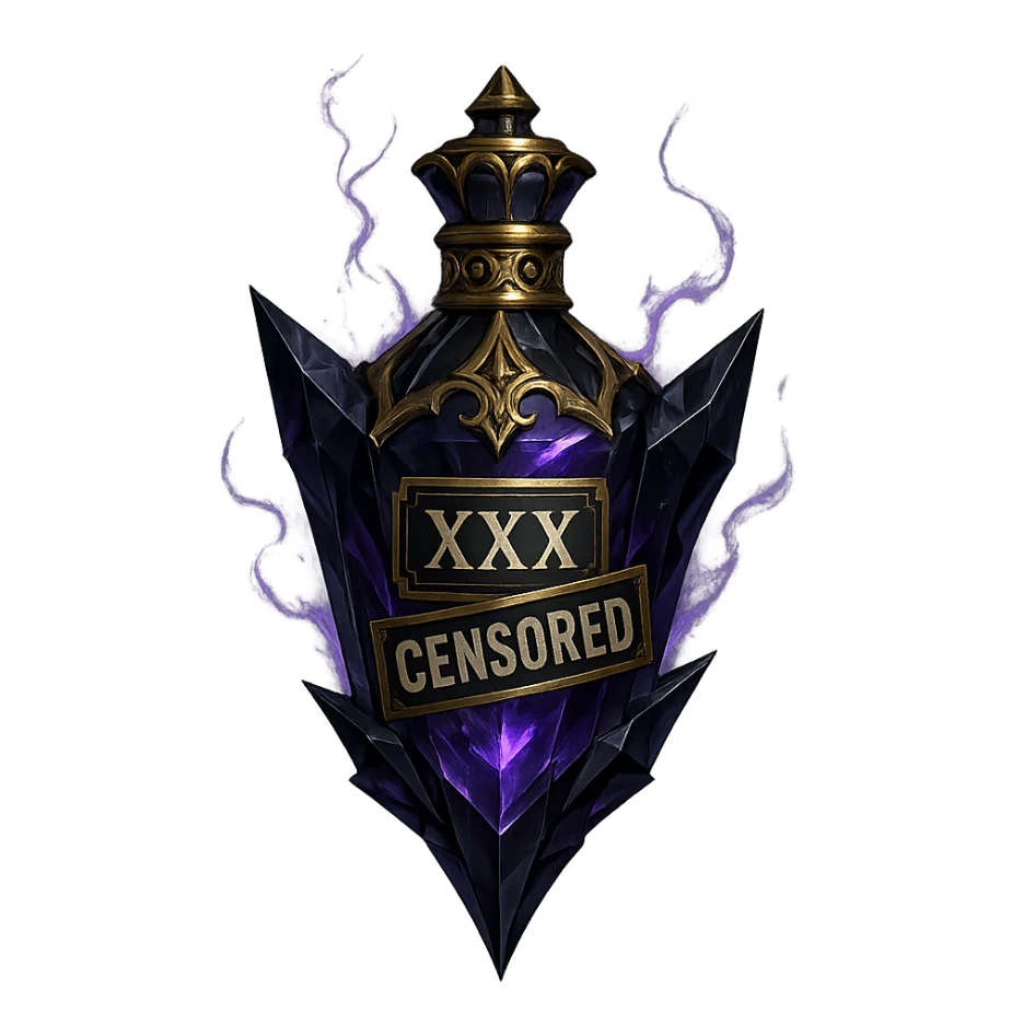 very luxurious crystal edgy forbidden elixir bottle, bottle has censored words or labels like 'XXX' and 'CENSORED', dark colors, lots of glowing, edges, ornaments, golden details, magical effects, very small golden neck, transparent background, beautiful seamless bottom, bottle clearly floating in air, no base or shadow, premium class, edgy, fitting a collection sticker