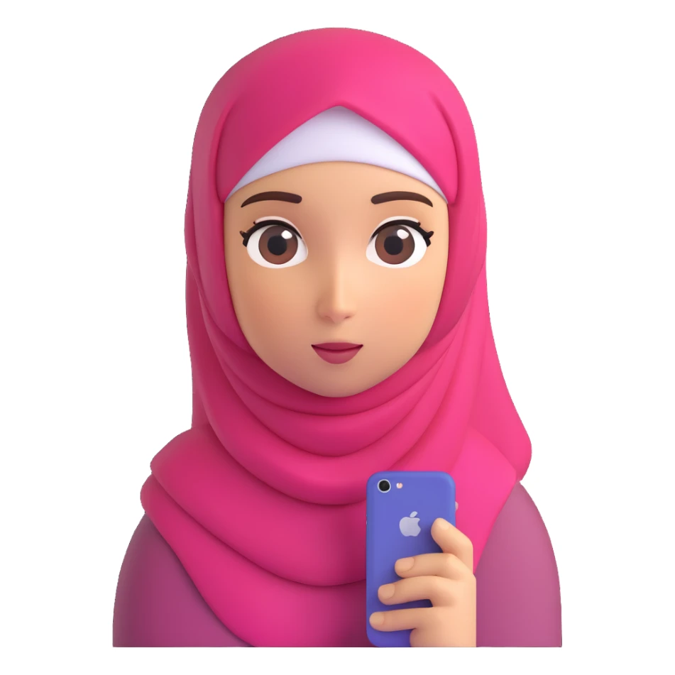 girl with hijab, uncertain look, question marks above her, iPhone memoji style, 3D, friendly and modern sticker