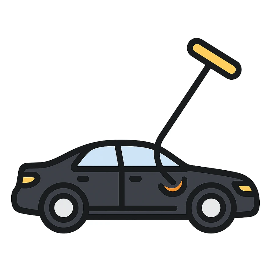 icon of a high-end black car with a subtle rod or hook tool touching a dent, matte black as main color, fine silver lines for contrast, simple style, focus on dent repair sticker