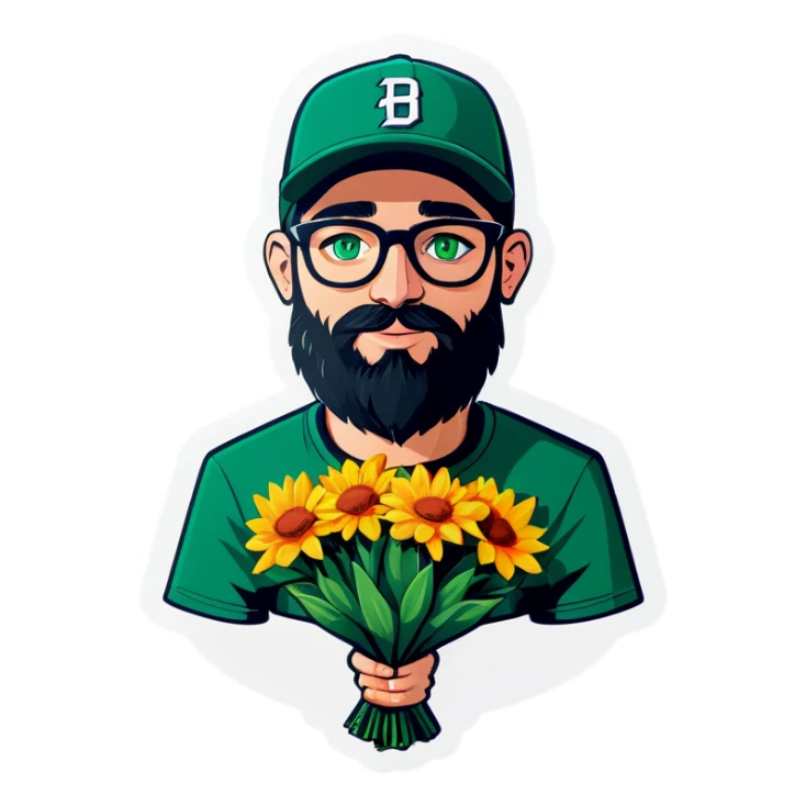 A bold man with a grey baseball cap, green eyes, big beard and glasses, holding a bouquet  sticker