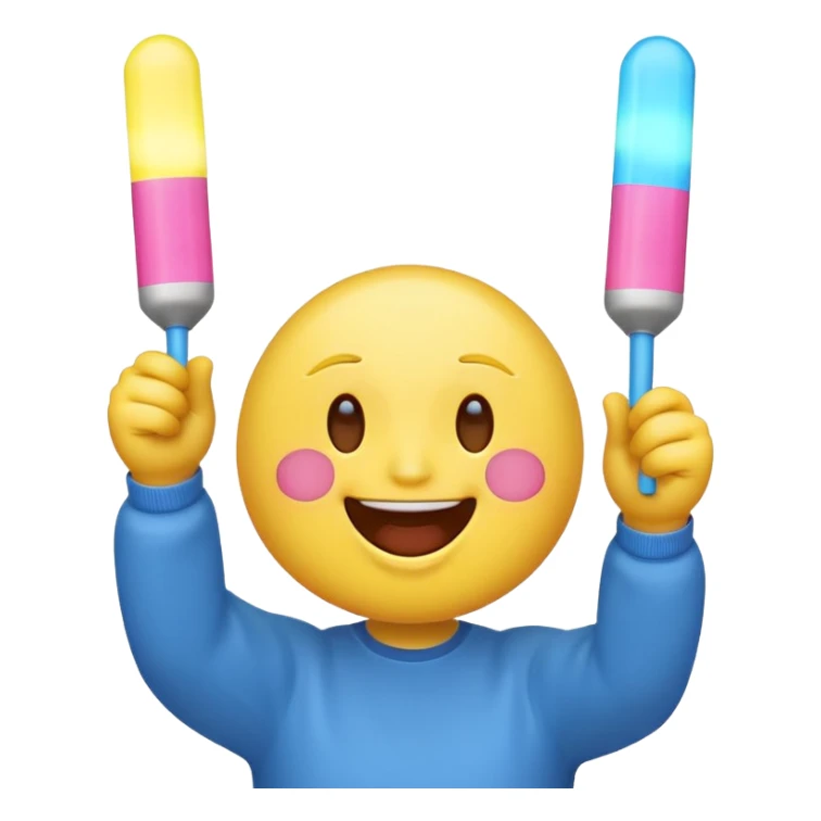 An excited yellow emoji face with closed smiling eyes and blushing cheeks, cheering enthusiastically while holding up two glow sticks (one blue, one pink). It represents high energy, fandom, and celebration. sticker