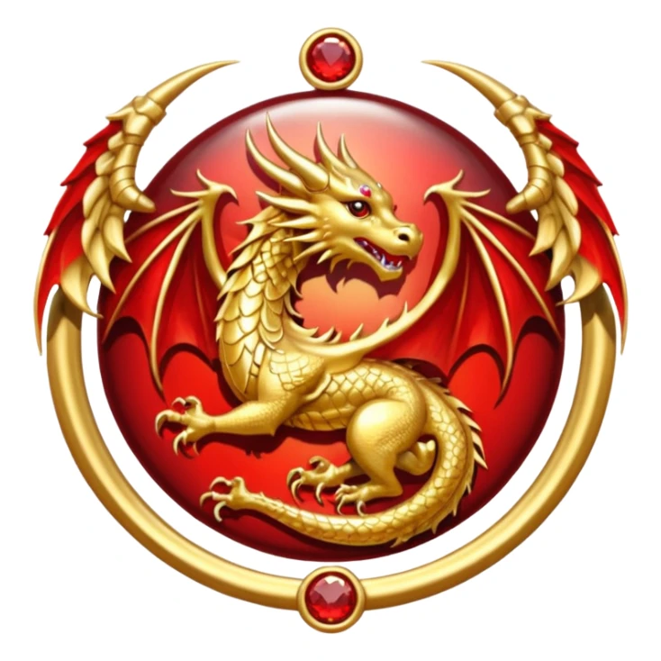 Golden dragon with wings crest / brosch in a circle with red gems and no background sticker