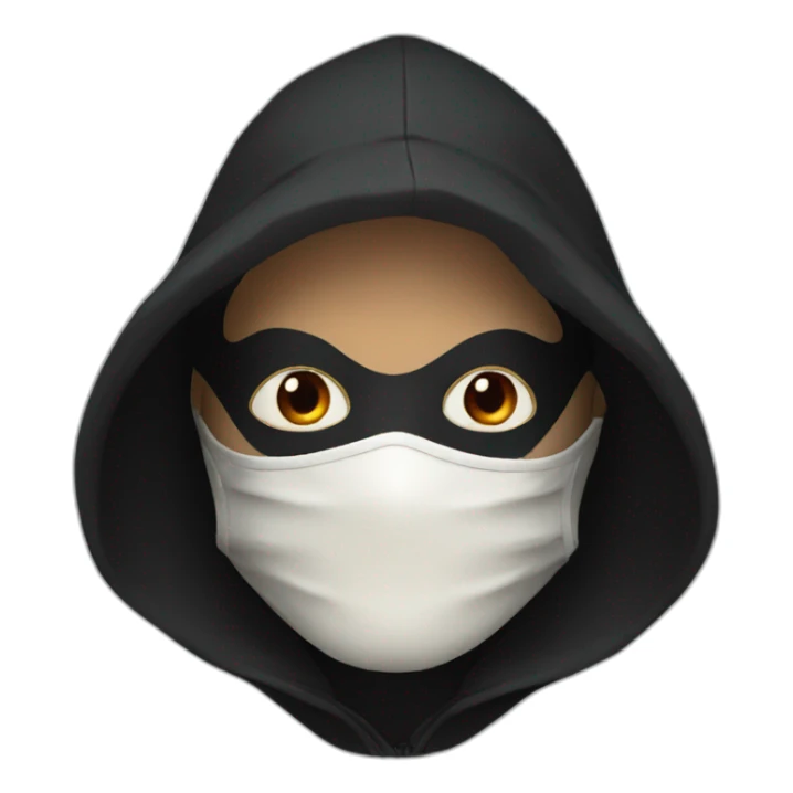 with black hood with red clouds and a white mask sticker