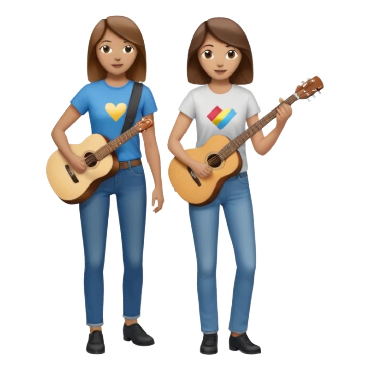 based on emoji style, like this "💁🏻‍♀️" "💁🏽‍♂️" "💁🏻", two people walking together. one is brown-haired woman, wearing business casual, holding a guitar. Another one is a non-binary person, wearing t shirt and jeans, and this person doesn't have anything on their hands. they are walking together. sticker