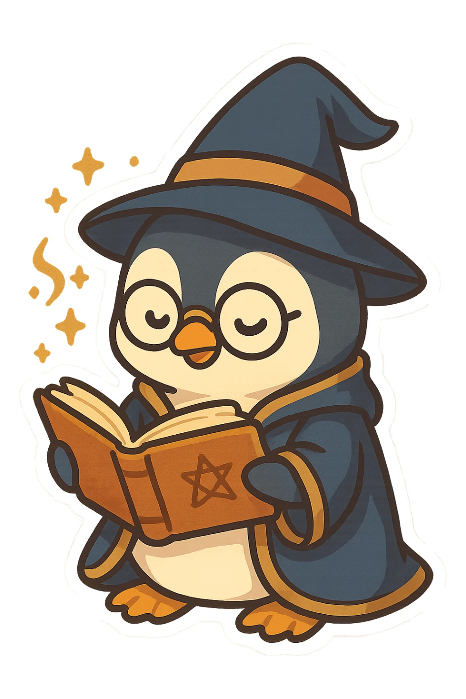 a penguin wizard with glasses, reading a spellbook, playful chibi style sticker