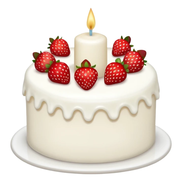white cake with strawberries and a single lit candle sticker