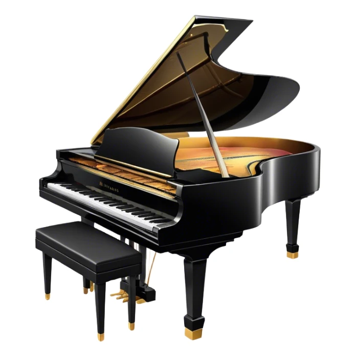 Cinematic Realistic Piano, glossy black grand piano with elegantly curved edges, pristine white and black keys, soft golden light reflecting off its polished surface, faint reflections of a musician’s hands, glowing with refined elegance and musical depth. sticker
