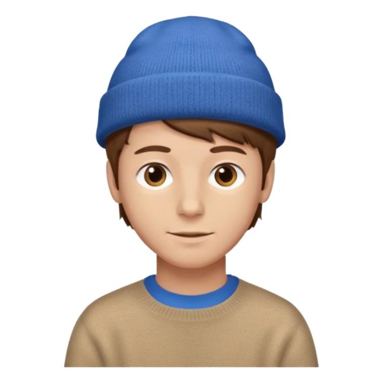 uomo giovane, capelli marroni, pelle chiara, cappello blu e maglione marrone chiaro sticker