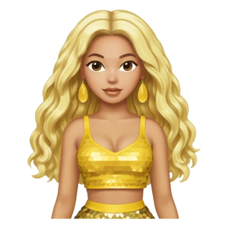 Beyonce with long platinum blonde hair, yellow sequin crop top yellow sequin skirt, gold earring sticker