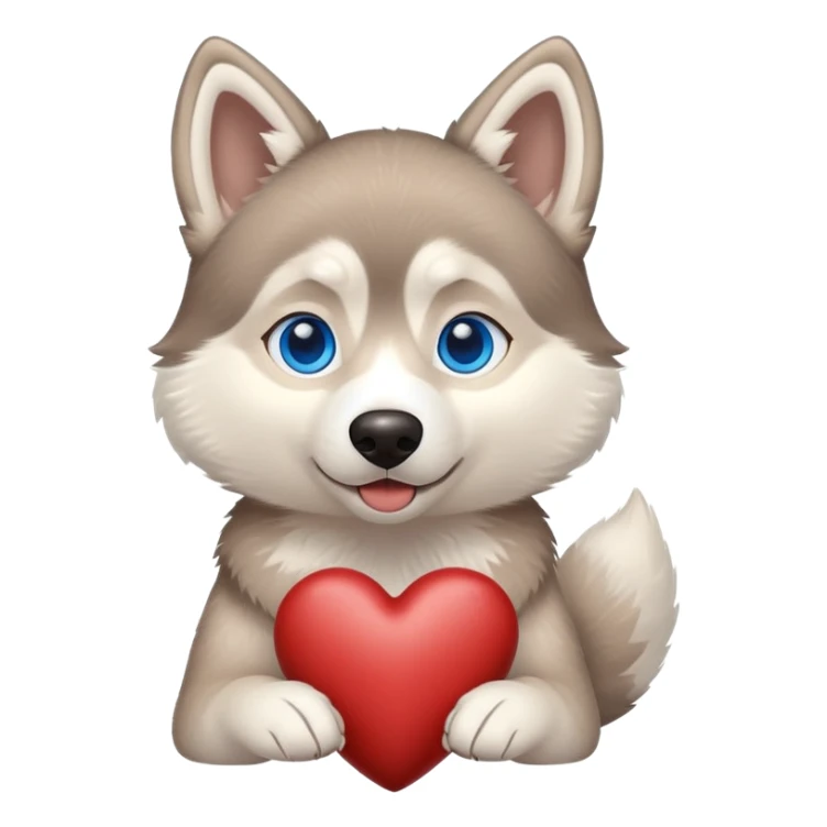 Beige husky with blue eyes holding a brown heart sticker