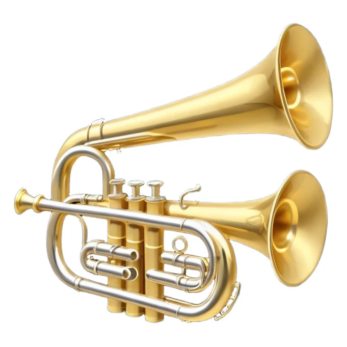 “Flat vector icon of a golden side-view trumpet with three valves, thick outline, on a deep navy blue rounded-square (or circle); 2–3 white or light-blue notes come out of the bell, surrounded by a soft light-yellow glow and a tiny golden star, plus a small speech bubble with the word ‘¡Azúcar!’.  sticker