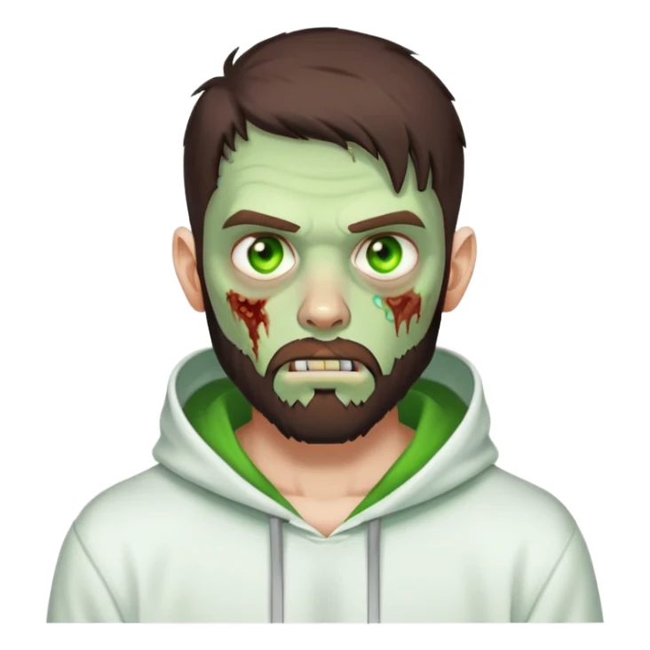 zombie making peace sign, undercut hairstyle with dark brown hair, short full beard, glowing green eyes, wearing plain white hoodie sticker