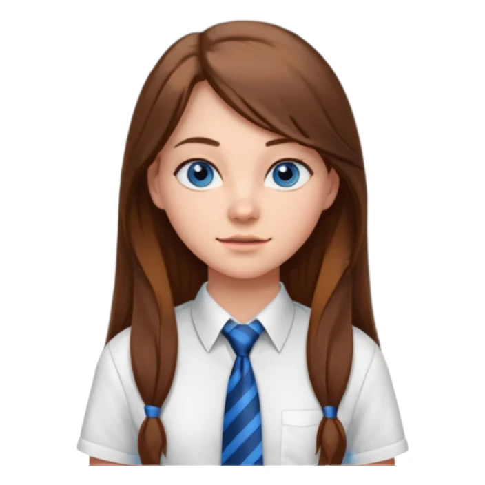 high school class room with a blackboard, with a pretty female high school student with long brown hair, blue eyes, wearing a tie sticker