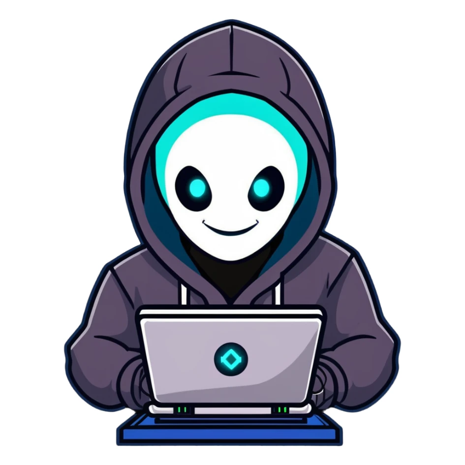 Menacing robot hacker in dark hoodie with glowing screens, digital circuits, malicious smile sticker
