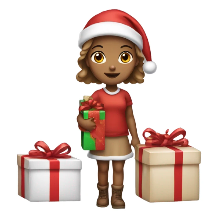 girl with light brownish skin wearing santa hat and holding presents sticker