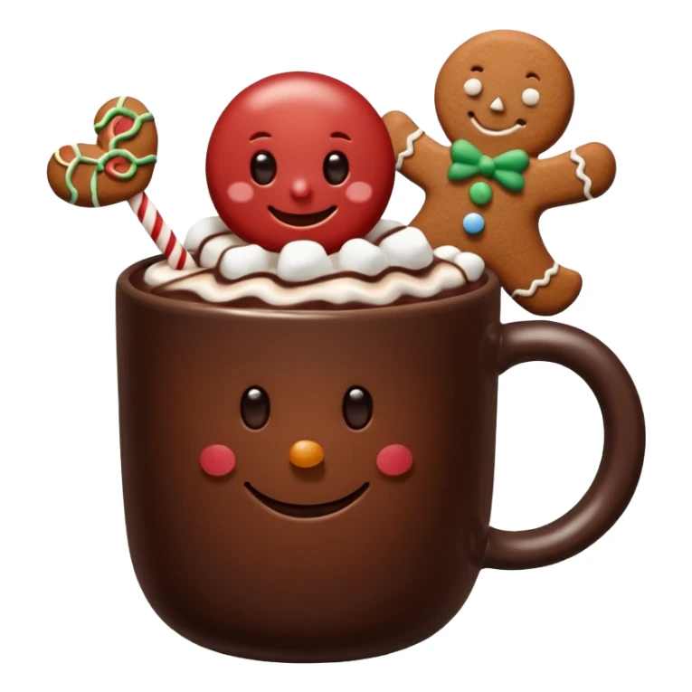 A hot chocolate with a gingerbread man and marshmallows sticker