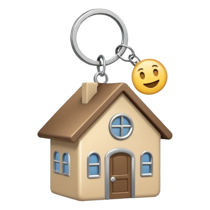 light beige house keychain on a keyring, emoji style, transparent background, minimalistic sticker