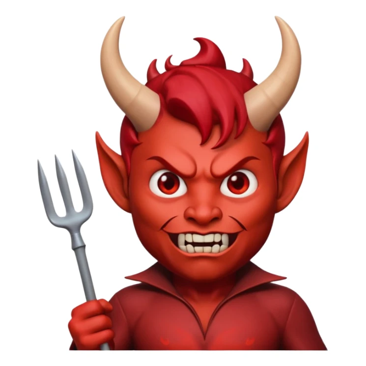 3D Memoji style male devil, red skin, horns, pitchfork, scary expression, soft lighting, solid background. sticker