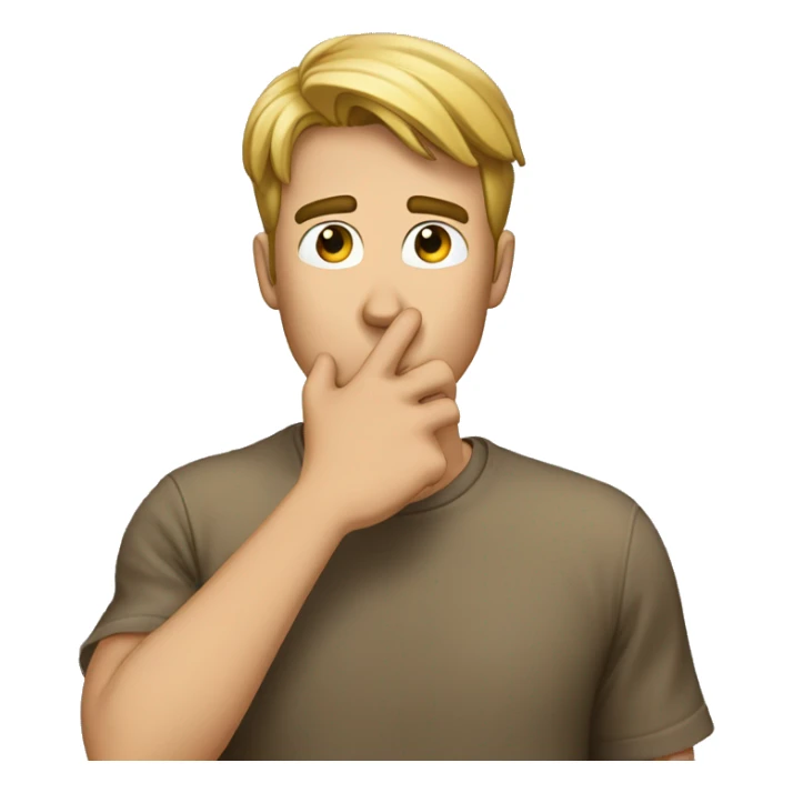 Describe a scene where a guy puts his hands on his mouth, gesturing for silence with a 'shhhh.' What's happening around him? What might he be trying to convey or hide with that gesture sticker