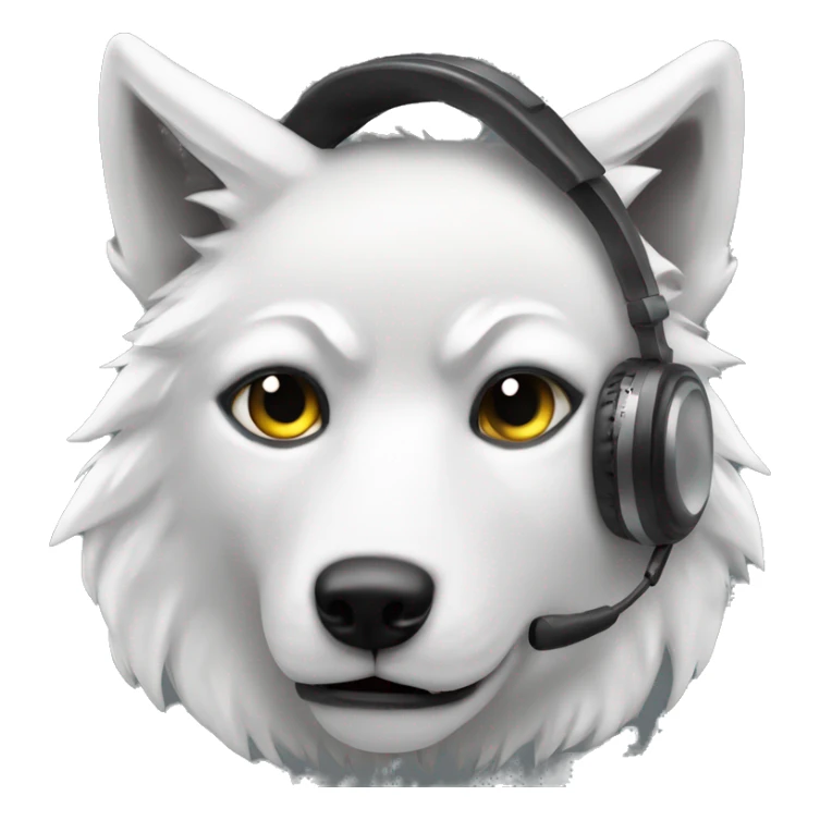 Create me an emoji white wolf head gray eyes with a musical headset sticker