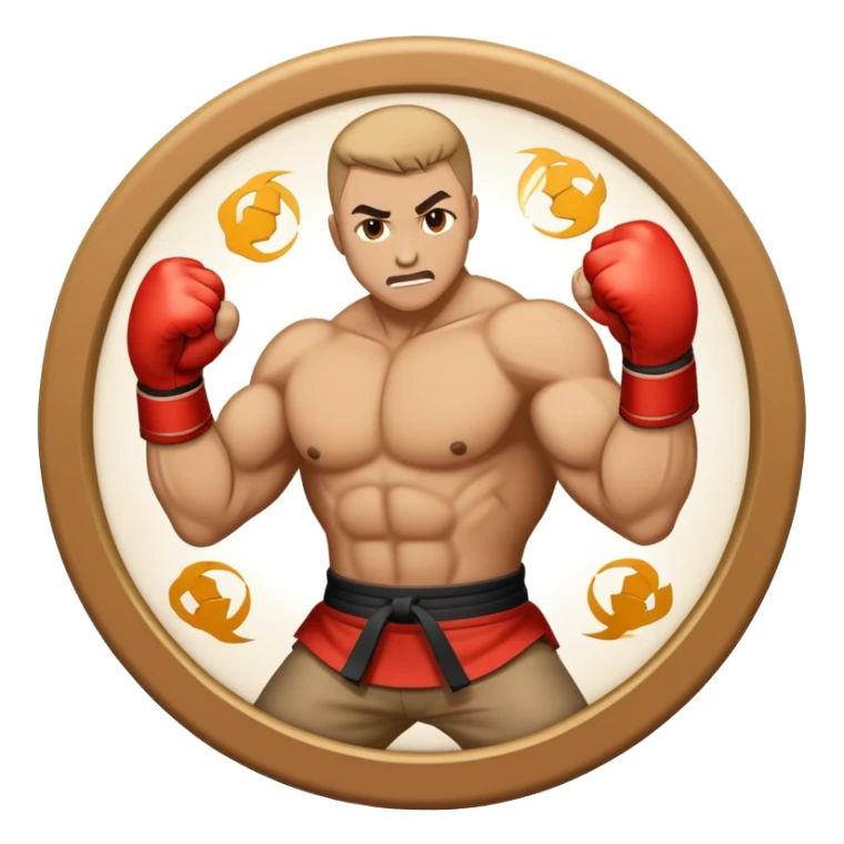 An emblem-style emoji symbolizing striking martial arts. The design features a stylized fighter in a dynamic stance, delivering a powerful punch, surrounded by a circular border with traditional elements like fists and combat symbols. Bold, clean lines with contrasting colors. sticker