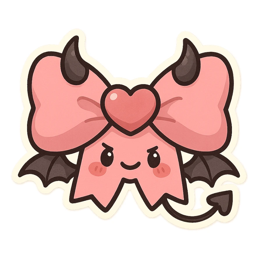 devil bow, chibi style, pink and black colors, tiny horns, heart-shaped center, cute but mischievous, bat wings sticker