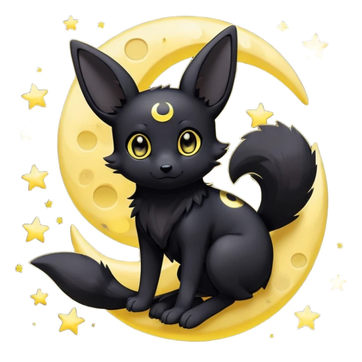 Kawaii Umbreon dark type Pokémon, full body, crescent moon behind subject, stars around  sticker