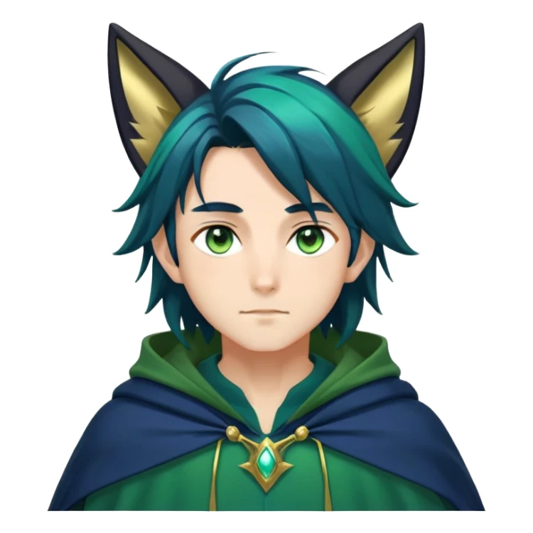 anime man with straight long dark-blue-black-gradient hair with light-green stripes in it, long black fox ears, hazel-gradient-brown-turquoise eyes, gold earring, dark-blue-sweater, green cape,  sticker