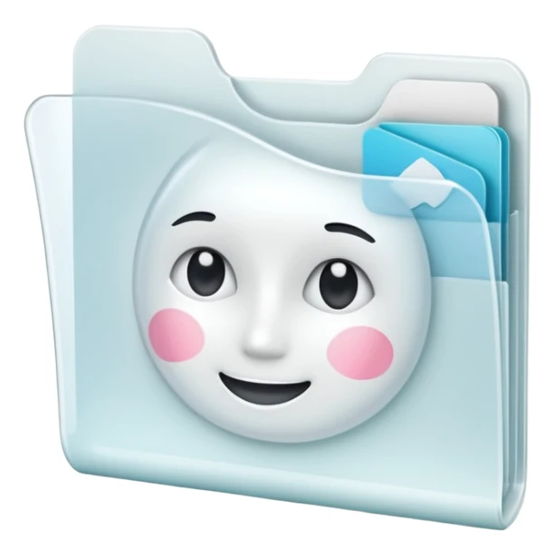 A simple emoji-style icon of a transparent white plastic folder, minimal and clean, with rounded corners, subtle translucency, soft shading, and a small self-care, skincare, routine documents symbol on the front sticker