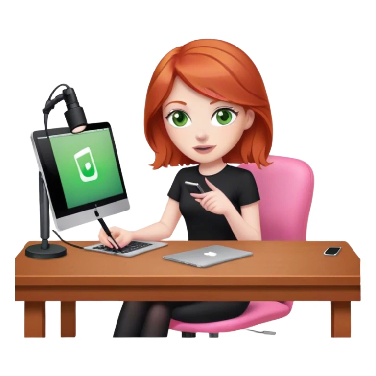 Redhead with green eyes sat at desk with pink MacBook and  podcast microphone black top and pink chair  sticker